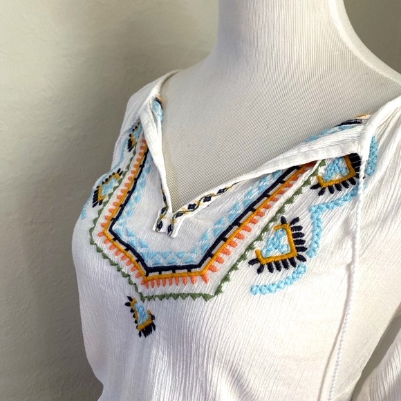 Lucky Brand Long Sleeve Top Embroidered w/ Tassels White XS - Picture 2 of 6